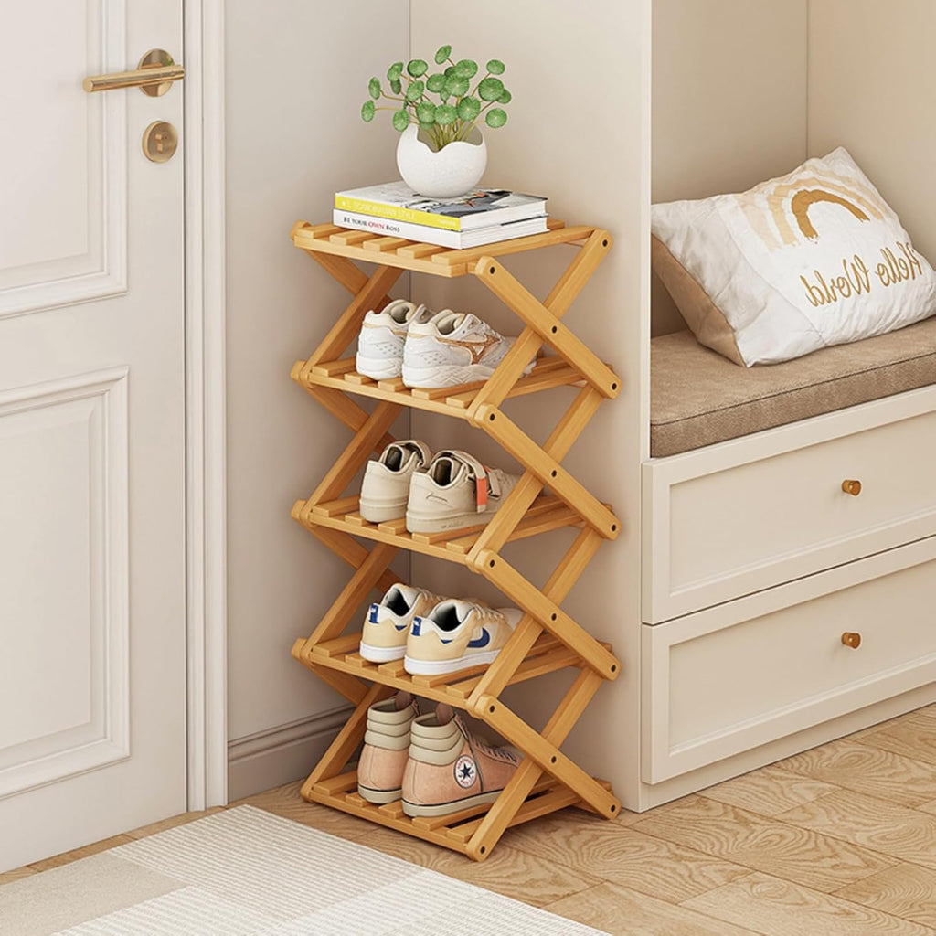 Opvouwbaar schoenenrek, verticaal schoenenrek van bamboe, voor kleine ruimtes. Multifunctioneel smal schoenenrek voor de hal, kledingkast, slaapkamer,