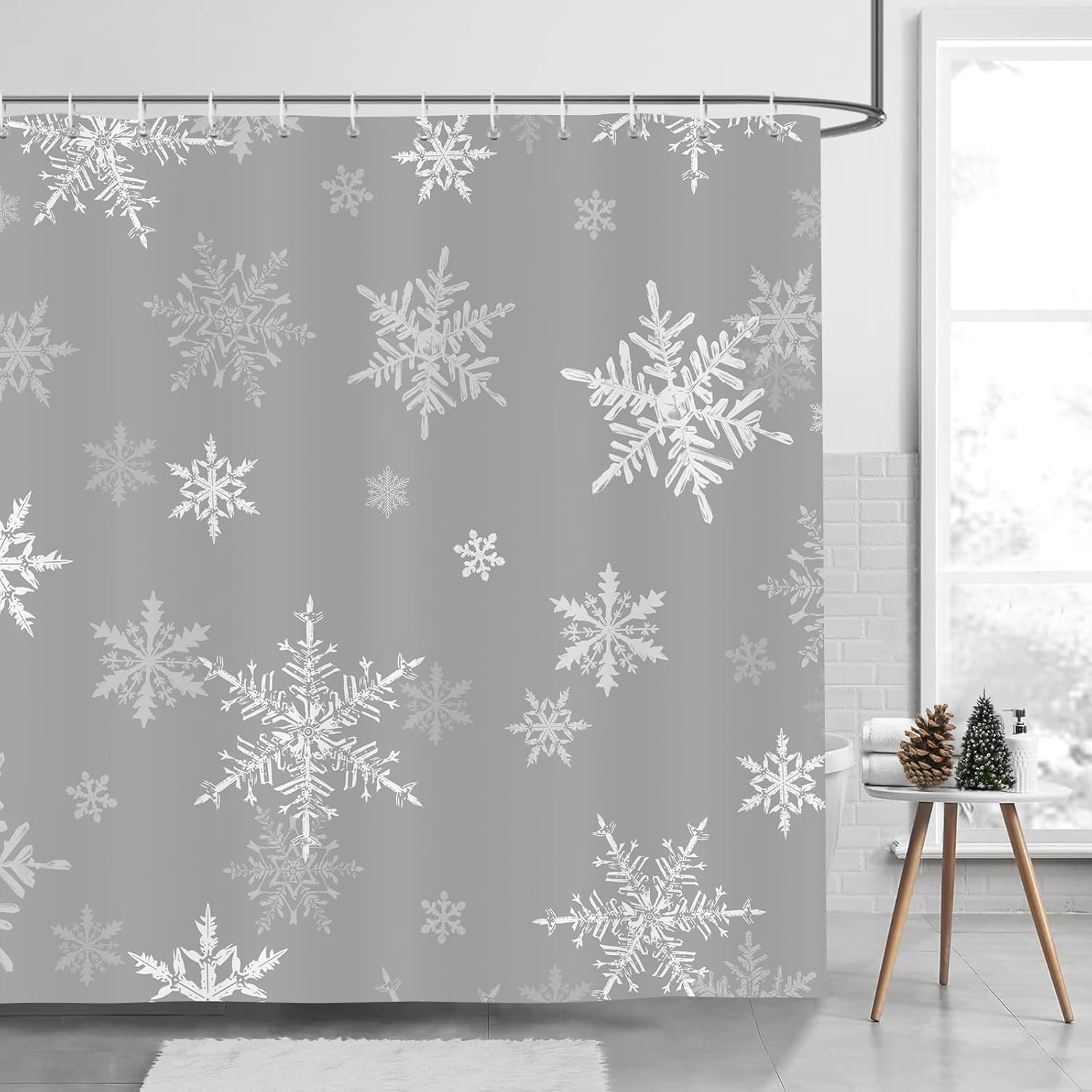 Douchegordijn Winter Sneeuwvlokken Kerstmis Grijze douchegordijnen 180 x 180 cm Schimmelbestendige, waterdichte polyesterstof Wasbaar badkamergordijn voor het bad