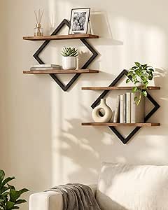 Wandrek, set van 2, zwevend rek, hangende rekken met 2 niveaus, voor woonkamer, slaapkamer, keuken, kantoor, rustiek bruin en zwart DTBJ01P2BF