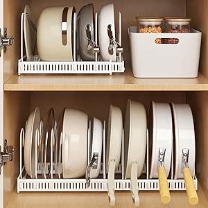Pannendekselhouder, uitbreidbare pannendekselorganizer, opbergruimte met 10 verstelbare scheidingswanden, antislip pannenhouder, keukenorganizer (wit)