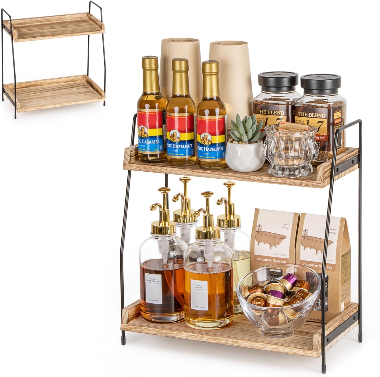 Koffie-organizer, houten keukenorganizer, keukenrek voor aanrecht, 2-laags rek voor koffiebar voor keuken, thuis, kantoor – bruin