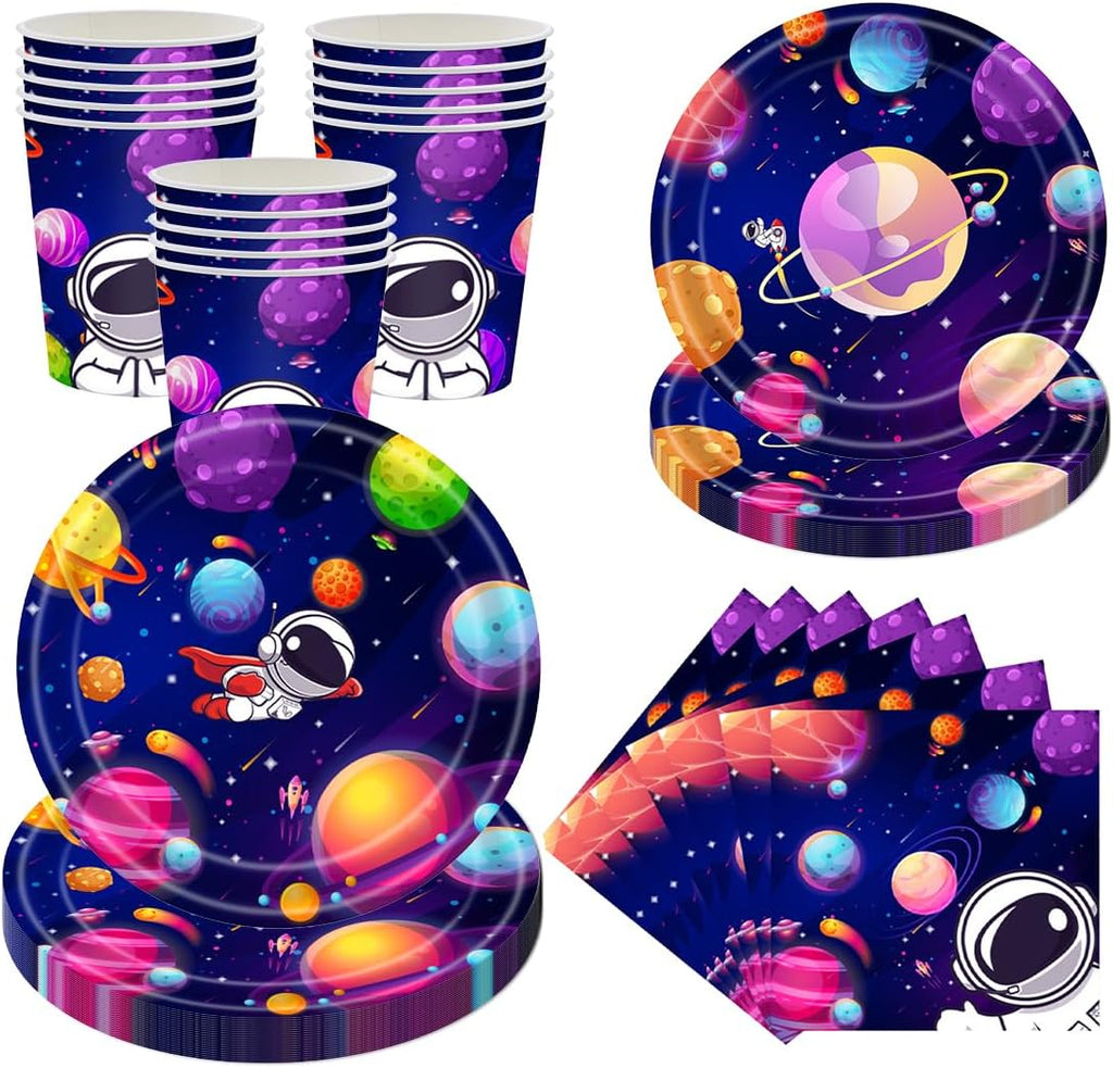 Astronauten-themafeestservies, ruimtevaarders, verjaardagsfeest, servies, papieren borden, bekers, servetten, feestartikelen, tafeldecoratie, voor 24 personen