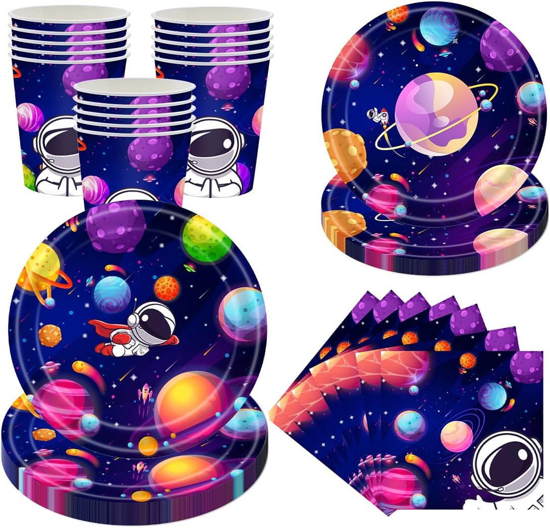 Astronauten-themafeestservies, ruimtevaarders, verjaardagsfeest, servies, papieren borden, bekers, servetten, feestartikelen, tafeldecoratie, voor 24 personen
