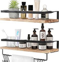 Houten wandplank, zwevende plank in rustieke stijl met handdoekhouder, set van 2, lichtbruin, voor slaapkamer, woonkamer, badkamer, keuken, kantoor