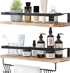 Houten wandplank, zwevende plank in rustieke stijl met handdoekhouder, set van 2, lichtbruin, voor slaapkamer, woonkamer, badkamer, keuken, kantoor