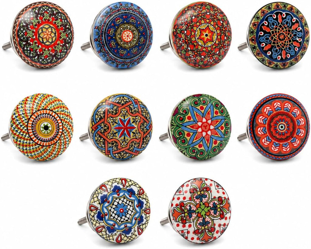 Set van 10 vintage keramische knoppen met bloemmotief, handgeschilderde, handgemaakte knoppen voor kasten, lades, commodes en kleerhangers, klassieke knoppen, diameter 40 mm