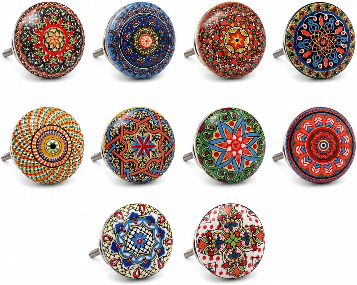 Set van 10 vintage keramische knoppen met bloemmotief, handgeschilderde, handgemaakte knoppen voor kasten, lades, commodes en kleerhangers, klassieke knoppen, diameter 40 mm