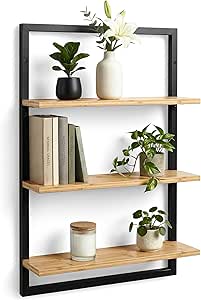 Wandplank van bamboe met zwart metalen frame, 75x50x15cm, hangende plank met modern design, wandplank van metaal en hout, wandmeubel voor de woonkamer