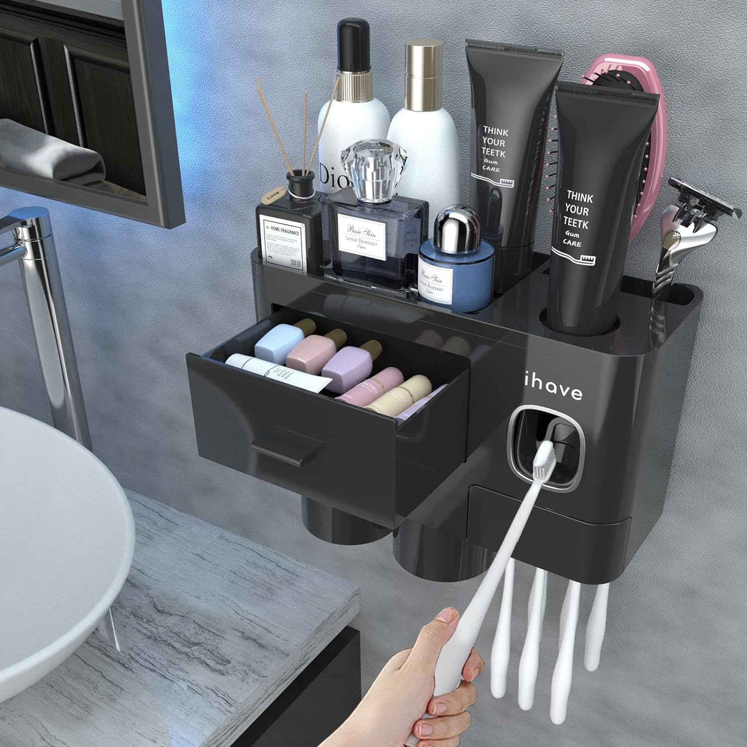 Tandenborstelhouder voor aan de muur met tandpastadispenser & lade, meervoudige tandenborstelhouder voor elektrische tandenborstels, grote houder zonder boren, badkamerorganizer