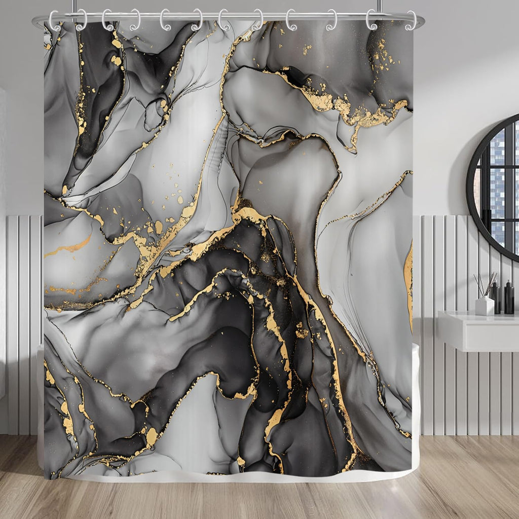 Douchegordijn Marmer 180 x 200 cm, Zwart Grijs Goud Abstract marmeren badkamergordijn Luxueus Modern Esthetisch Kunstdruk Textuur Waterdicht polyesterweefsel W
