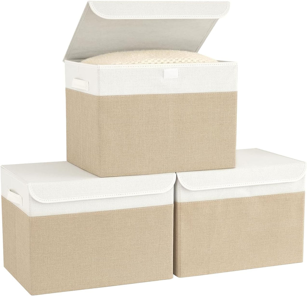 Opbergboxen met deksel, set van 3 opvouwbare stoffen opbergboxen met handige handvatten, 37 x 24 x 24 cm, opbergboxen met deksel voor de slaapkamer, k