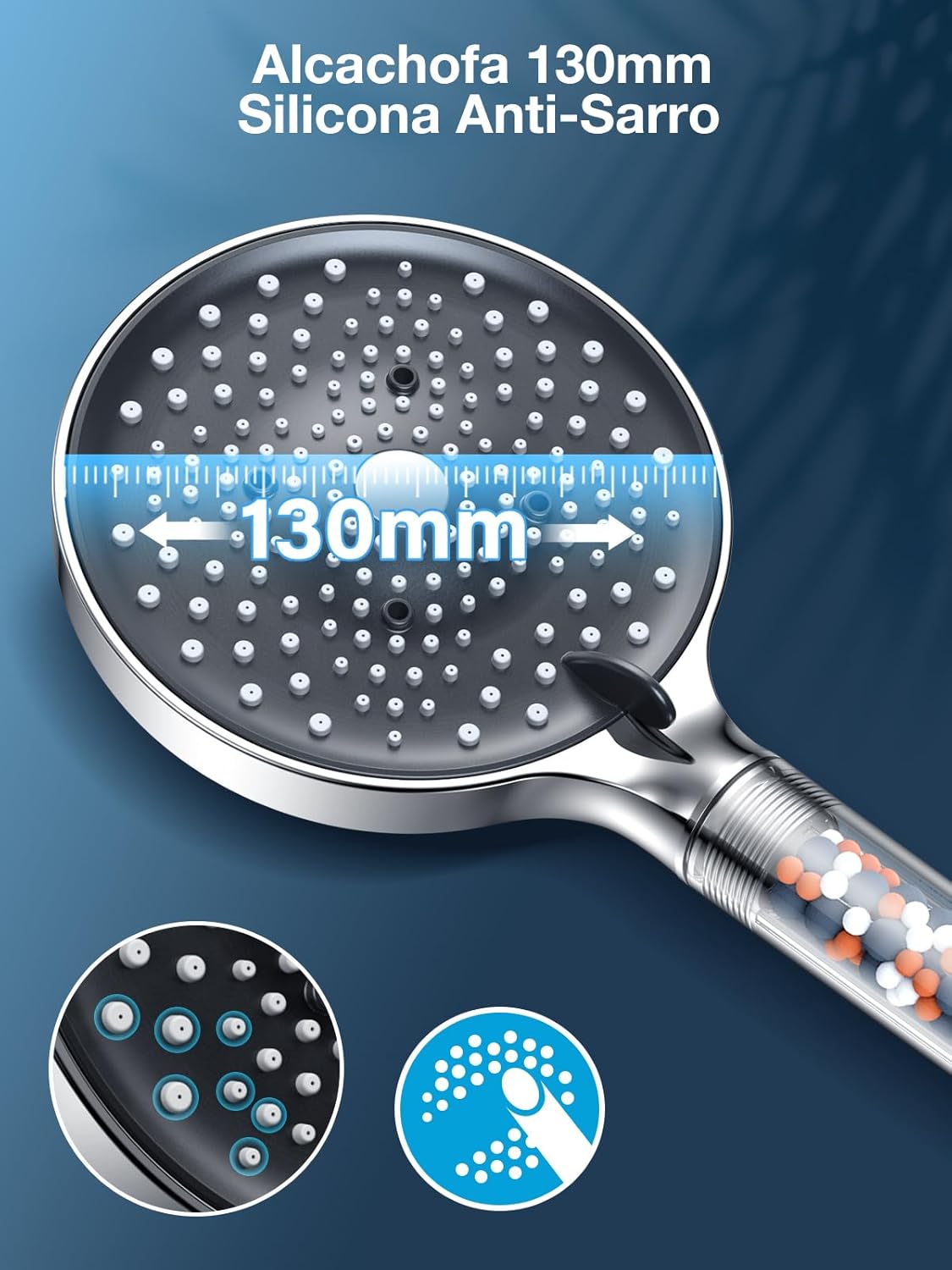 Waterbesparende Douchekop met Slang 1,6 m – 6 Straalsoorten, 130 mm, Chroom
