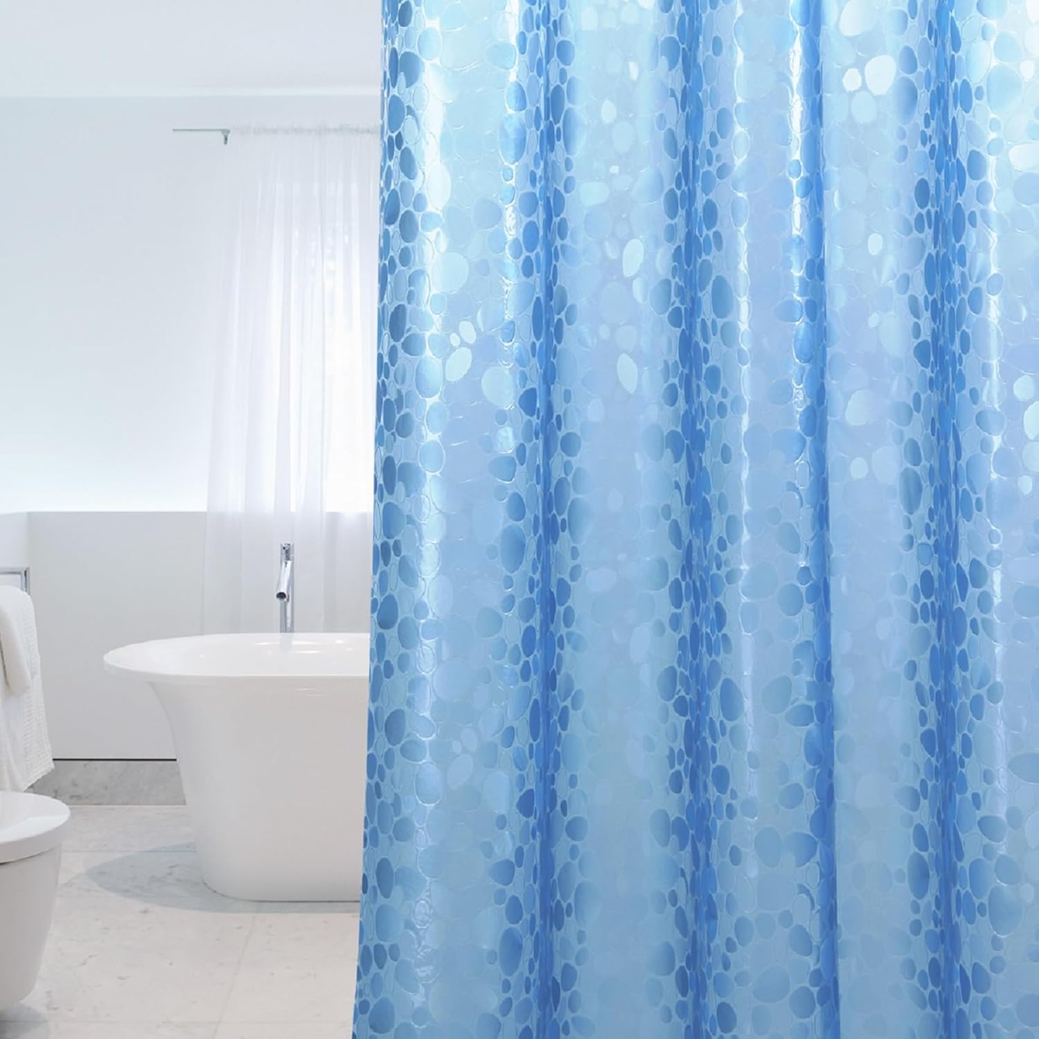 Anti-schimmel douche-/badgordijn met magneetgewicht aan de onderkant, 0,2 mm (183 x 200 cm), waterdicht, antibacterieel, EVA, 3D-steenpatroon, blauw, inclusief 12 S