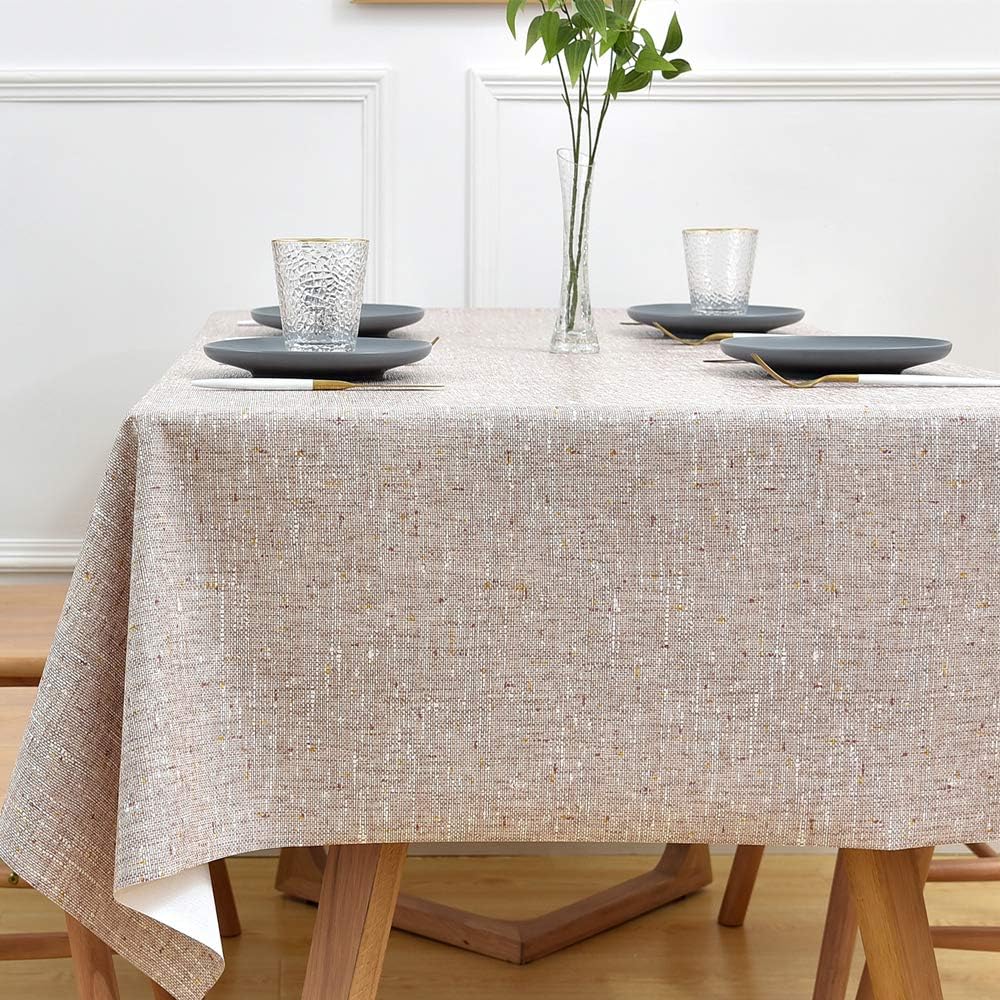 Afneembaar tafelkleed, beige tafelkleden, 137 x 180 cm, tafelkleed in linnenlook, rechthoekig, PVC-tafelkleed, waterafstotend voor eettafel, keuken