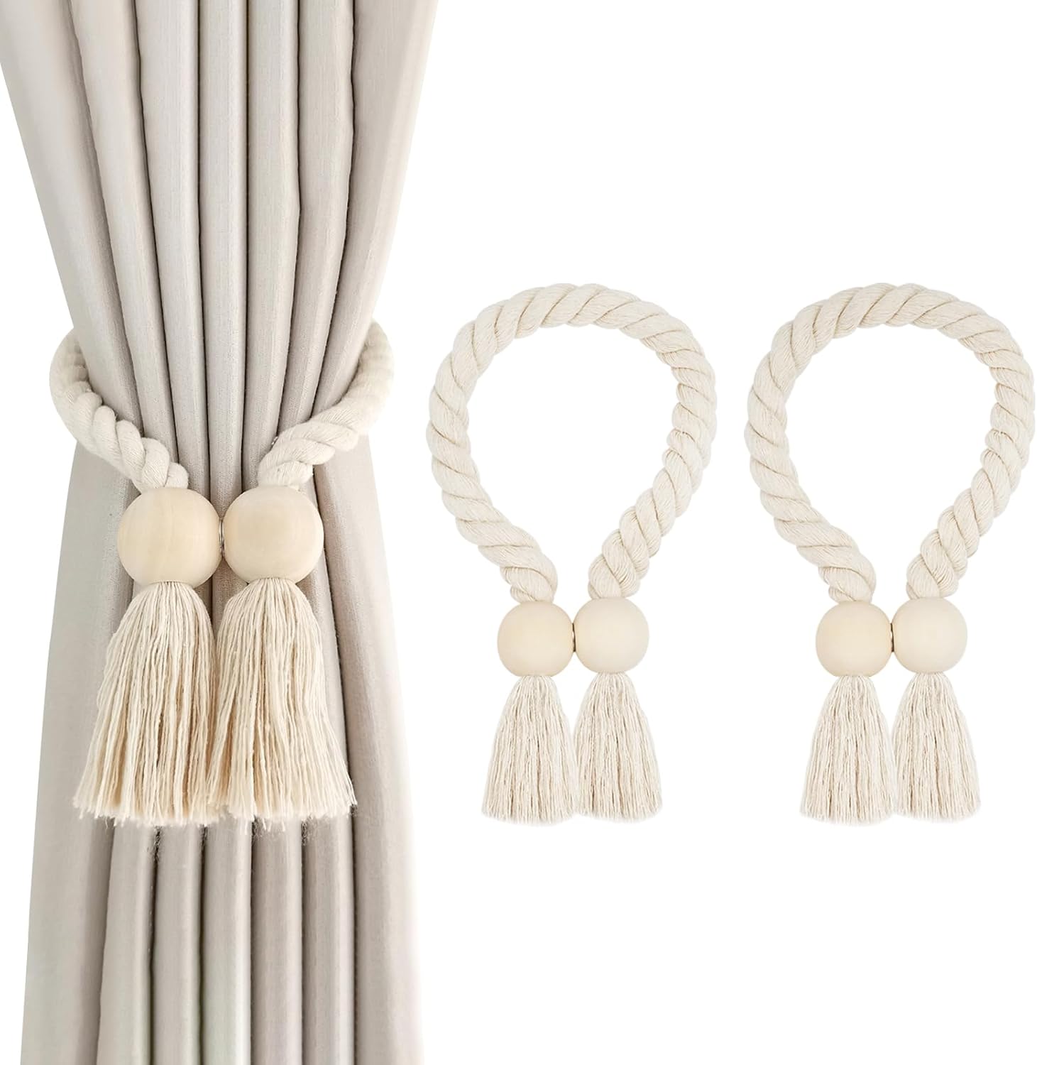 Set van 2 magnetische gordijnhouders, gordijnhouders, houders voor gordijnen, handgeweven gordijnhouders, gordijnkoord, boho-decoratie, natuurlijke kleuren