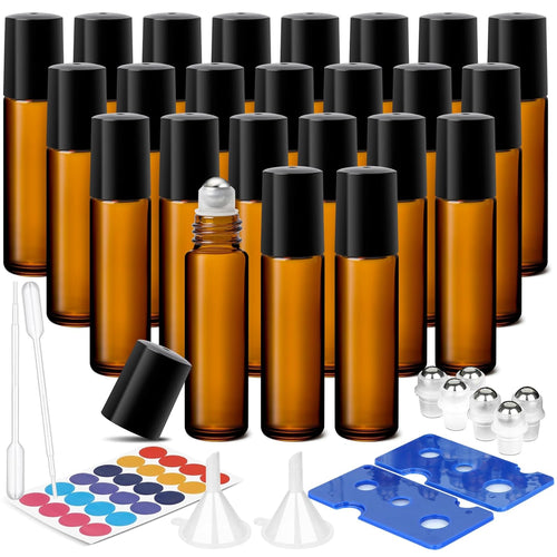 10 ml glazen flesjes met roll-on applicator voor etherische oliën, set van 24 kleine, navulbare, UV-bestendige flesjes met roestvrijstalen roll-on applicator, trechter, opener, etiketten, pipet