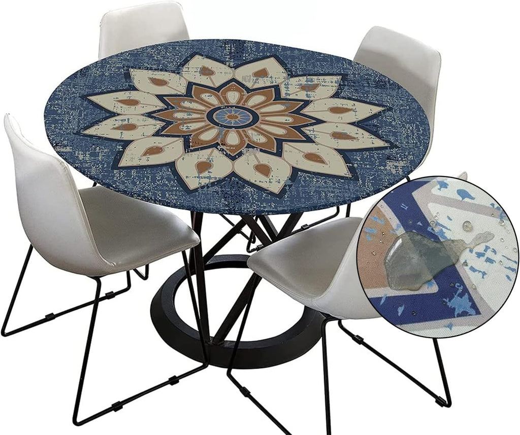 Tafelkleed voor buiten, rond, 120 cm, elastisch, rond, afwasbaar, waterafstotend, lotuseffect, tuintafelkleed, blauw, mandala, tafelkleed, ideaal voor