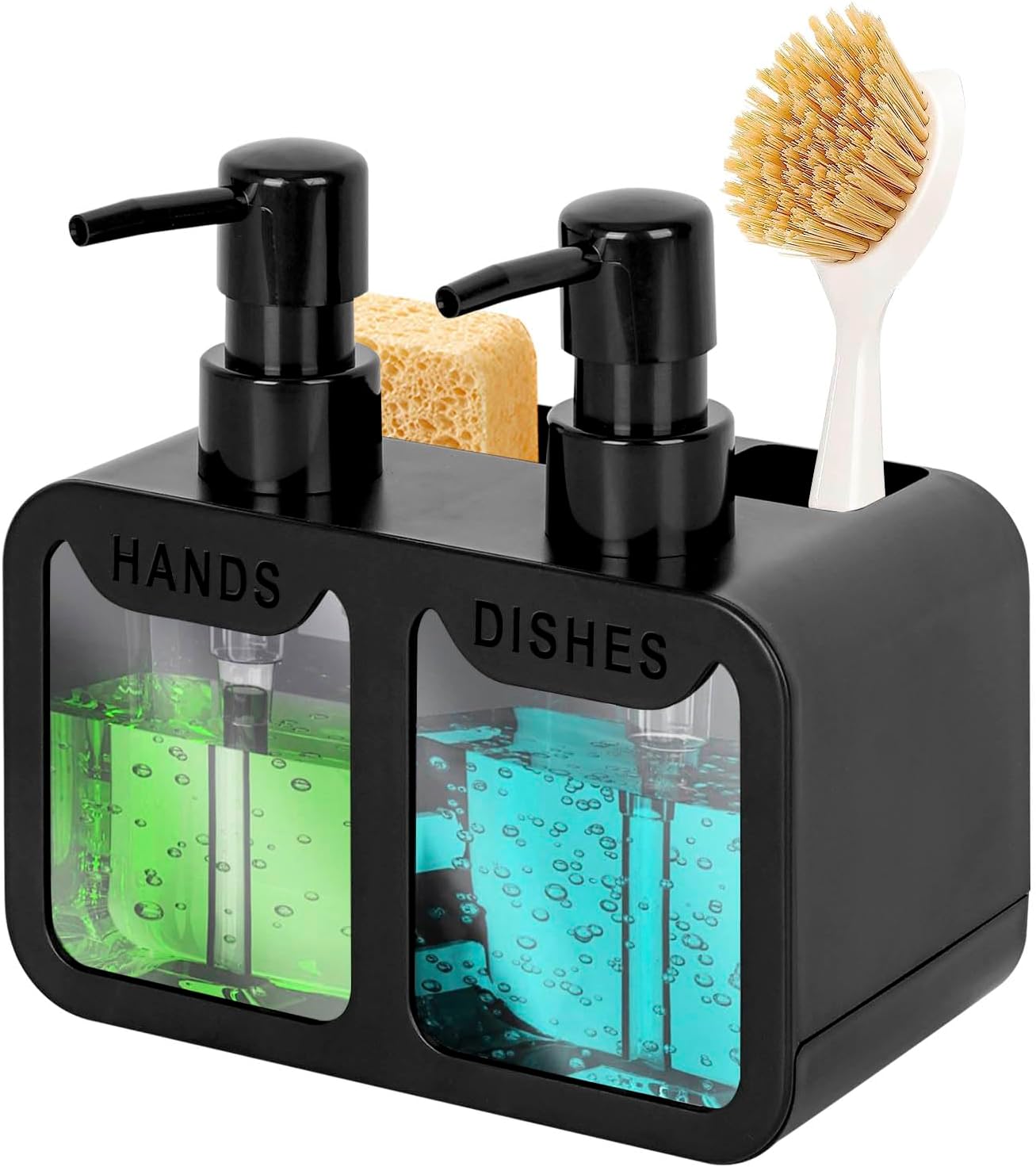 Keukenzeepdispenser, hand- en afwaszeepdispenser en sponshouder met borstelhouder, 3-in-1 werkbladorganizer voor keukengootsteen, zwart