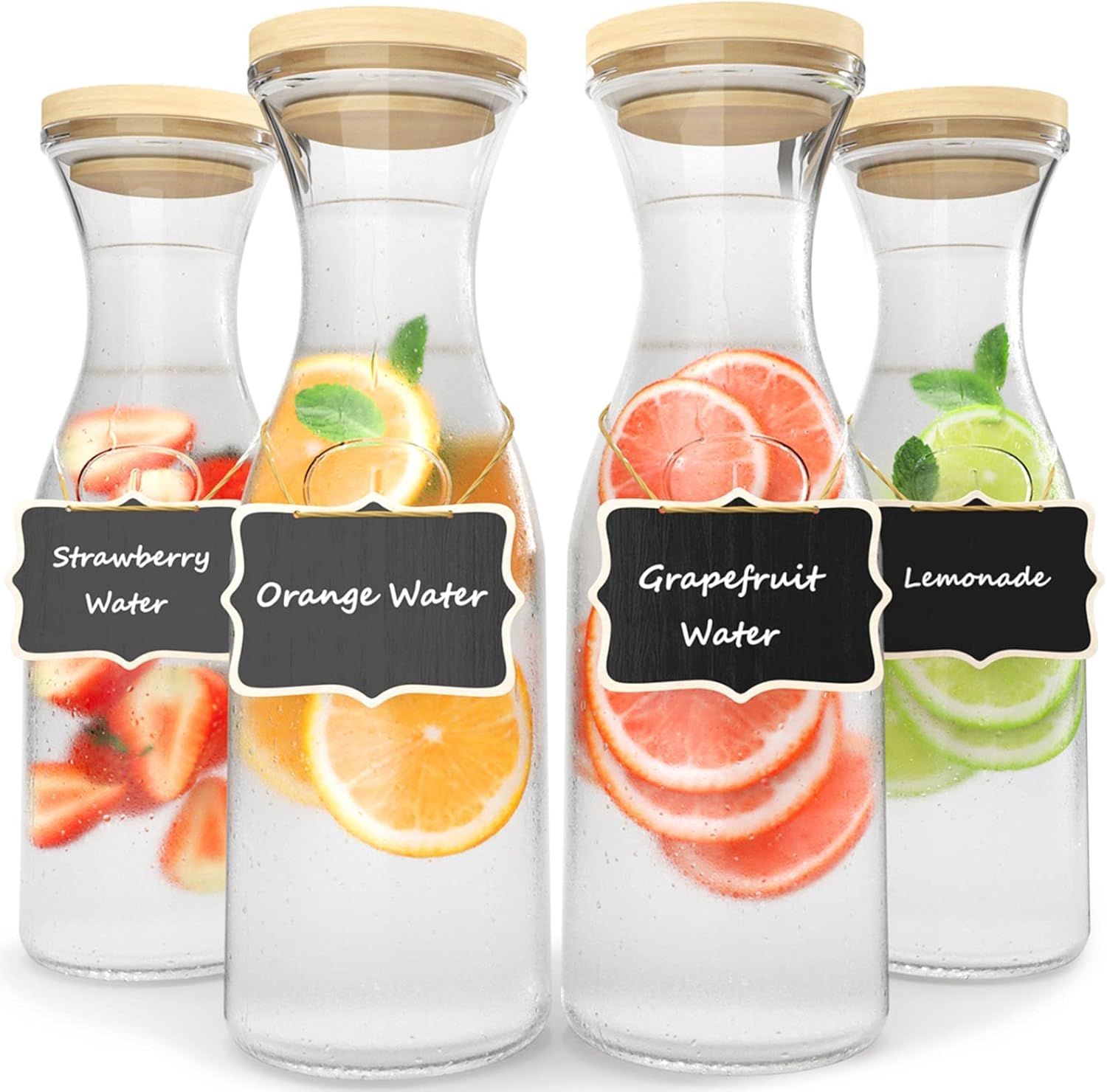 Set van 4 glazen karaffen, 1 liter, waterkaraf met deksel, dikker en steviger waterglas, glazen kan voor dranken, glazen fles, wijnkaraf, karaf S