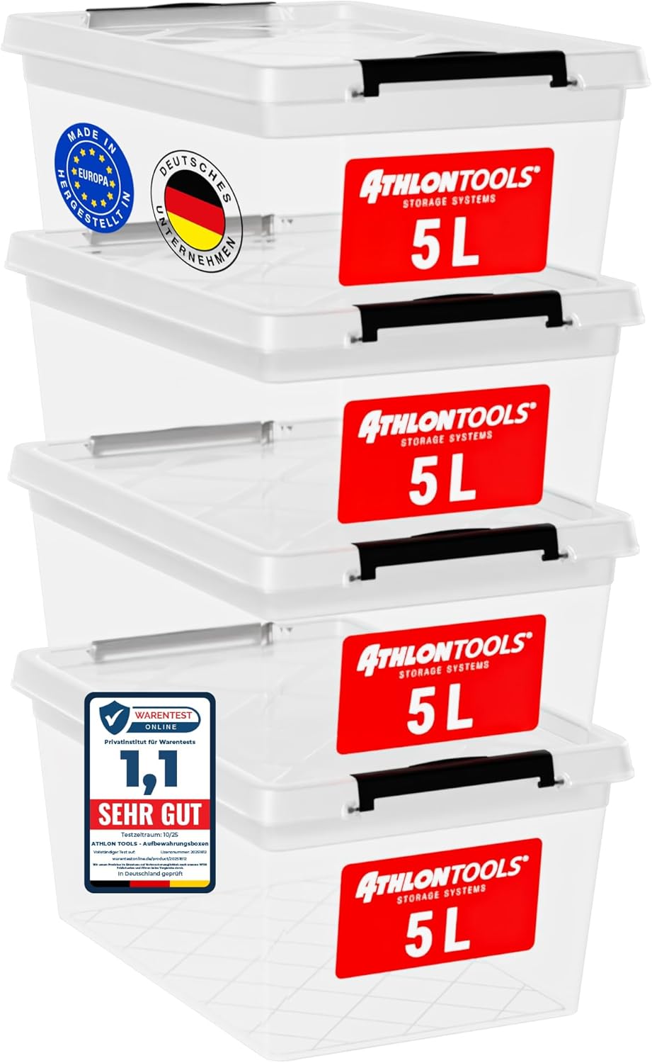 4 x 5 l opbergboxen met deksel, voedselveilig, sluitclips, kunststof box van 100% nieuw materiaal, transparant, kledingboxen, stapelbaar