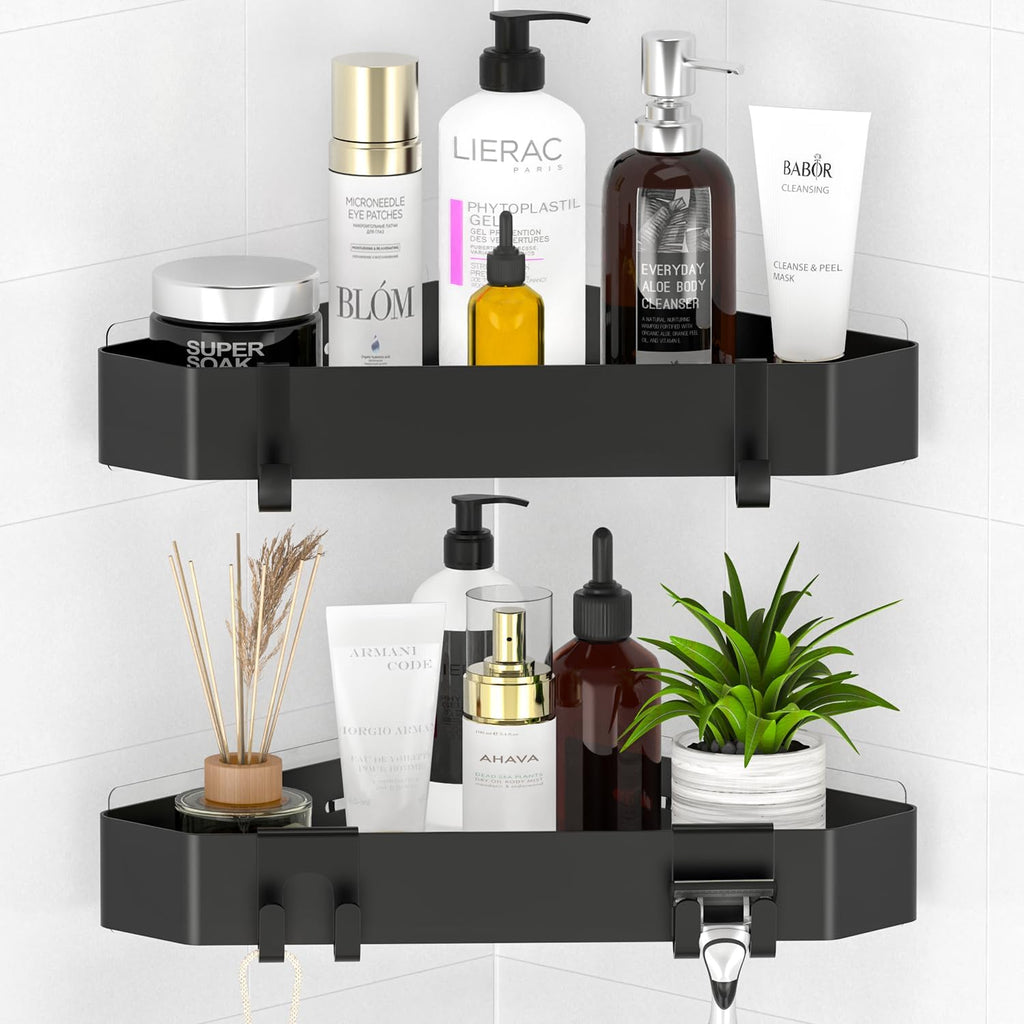 Doucherek zonder boren, hoekig, metalen doucheplank, 2 stuks douchemanden, zelfklevend met 4 haken, badkamerplank voor doucheaccessoires, shampoo en douchegel – z