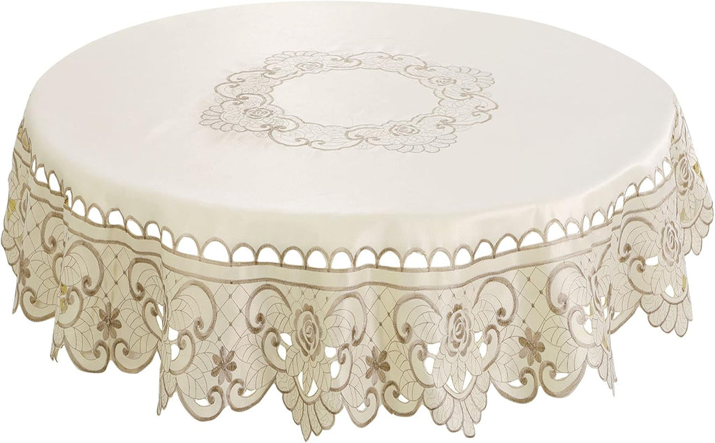 Sourcingmap Linnen Lichtbeige Rond tafelkleed met rozenborduursel voor feestdagen, bruiloften, themafeesten, tafeldecoratie, dressoir, tafelkleed