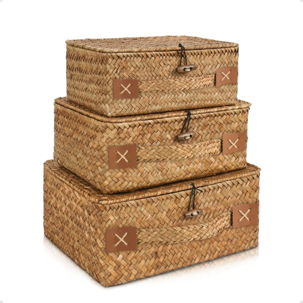 Rieten opbergmand met deksel, 3 stuks gevlochten manden van natuurlijk zeegras, multifunctionele opbergbox voor speelgoed, cosmetica,