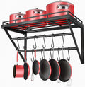 Pannenrek, 3-laags keukenrek van ijzer, wandgemonteerd, pannenrek met 12 haken, 60 x 29,5 x 24,5 cm, houder voor keukengerei, keukenwandrek voor pannen