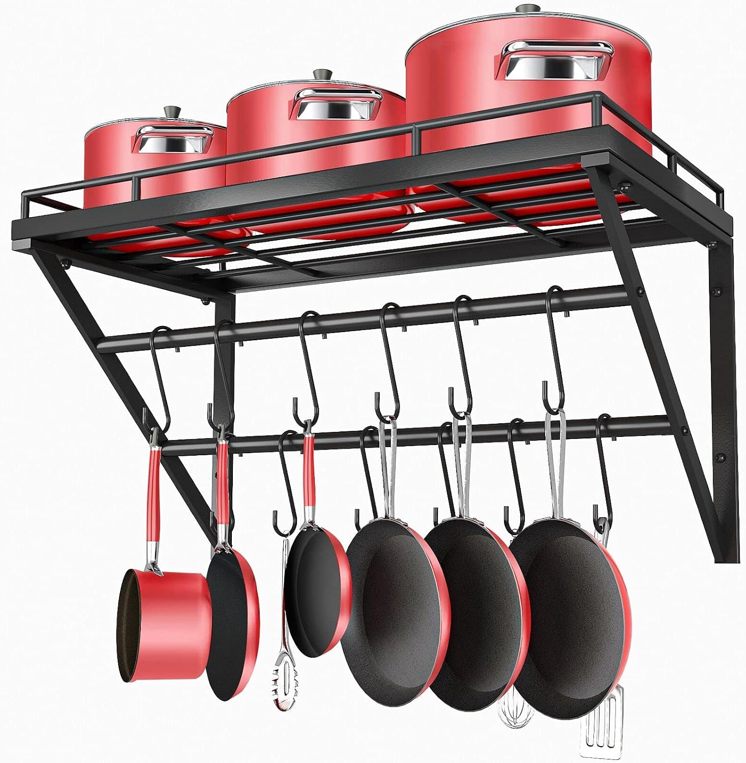 Pannenrek, 3-laags keukenrek van ijzer, wandgemonteerd, pannenrek met 12 haken, 60 x 29,5 x 24,5 cm, houder voor keukengerei, keukenwandrek voor pannen