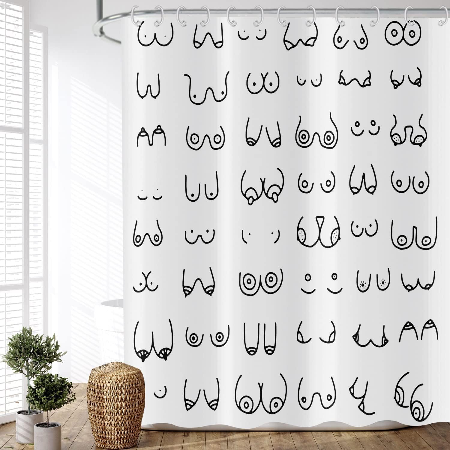 Douchegordijn zwart-wit 180 x 180 cm, modern, eenvoudig, grappig, zwart-witte graffitilijnen, wasbare stof, douchegordijnen voor de badkamer, polyester textiel, waterdicht