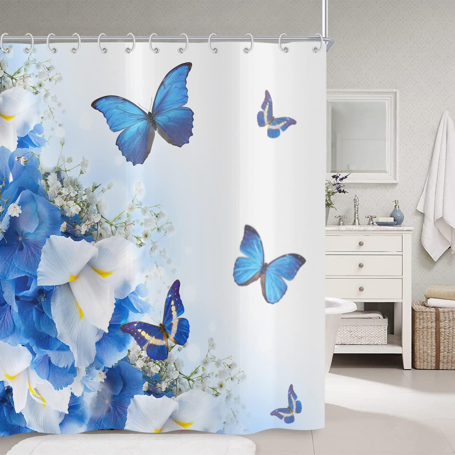 Douchegordijn, blauw 180 x 180 cm, bloemen en vlinders, natuur, droom-fantasie-tuin-badkamergordijn, waterdicht, polyesterweefsel, wasbaar badkamergordijn