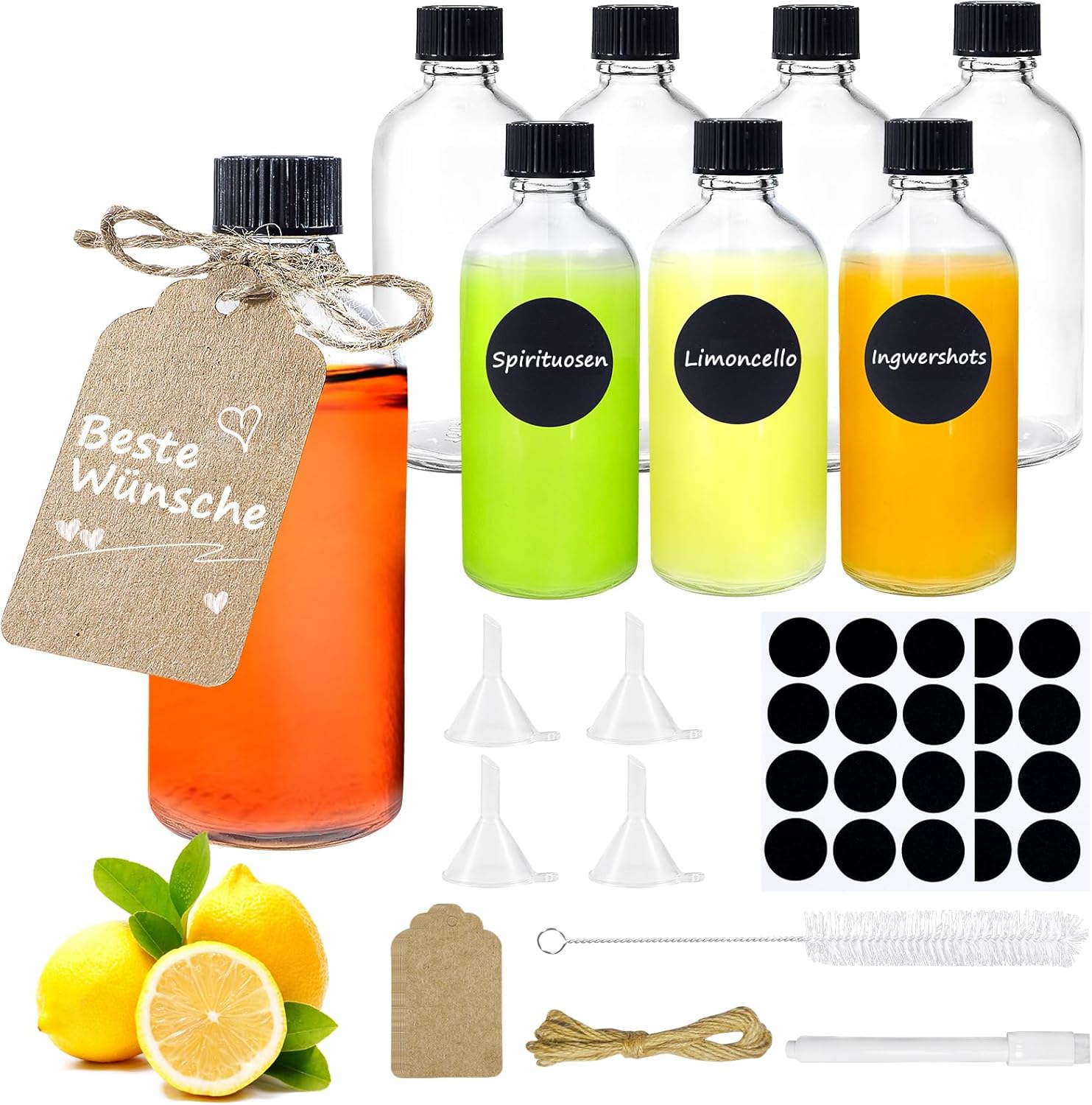 Set van 8 kleine vulflesjes, 100 ml, kleine glazen vulflesjes, gembershotflesjes met deksel, trechter, etiketten en pen, perfect voor gember,