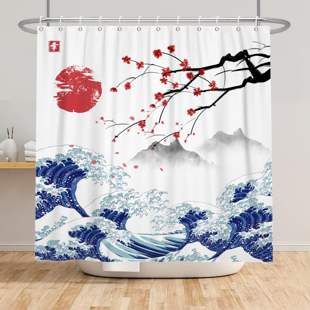 120 x 180 cm Japanse Fuji-douchegordijn Kersenbloesem-zonsondergang Aziatische inktschilderij Badkamergordijn Golven-landschapsschilderij Badkamergordijn voor de badkamer