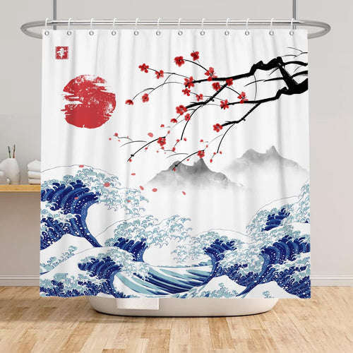 120 x 180 cm Japanse Fuji-douchegordijn Kersenbloesem-zonsondergang Aziatische inktschilderij Badkamergordijn Golven-landschapsschilderij Badkamergordijn voor de badkamer