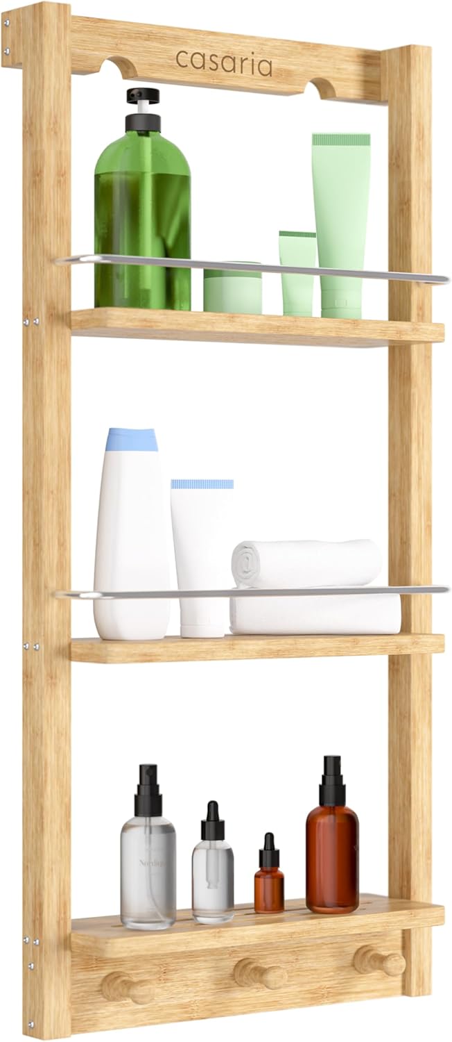 Doucherek om op te hangen, 3 planken, 3 haken, 70 x 29 x 10 cm, doucherek, hangend badkamerrek, bamboe hangrek voor douche, badkamer, keuken