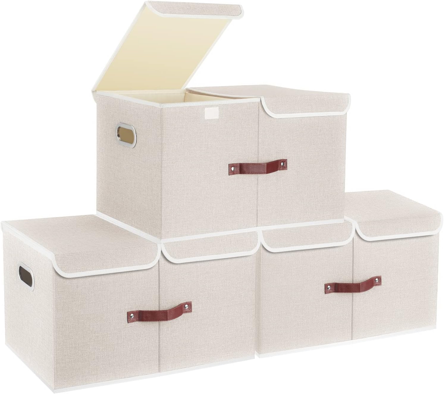 Extra grote opbergbox met deksel en vakken, stof, opvouwbaar, wasbaar, opbergbox met deksel, 55 x 33 x 30 cm, set van 3, beige