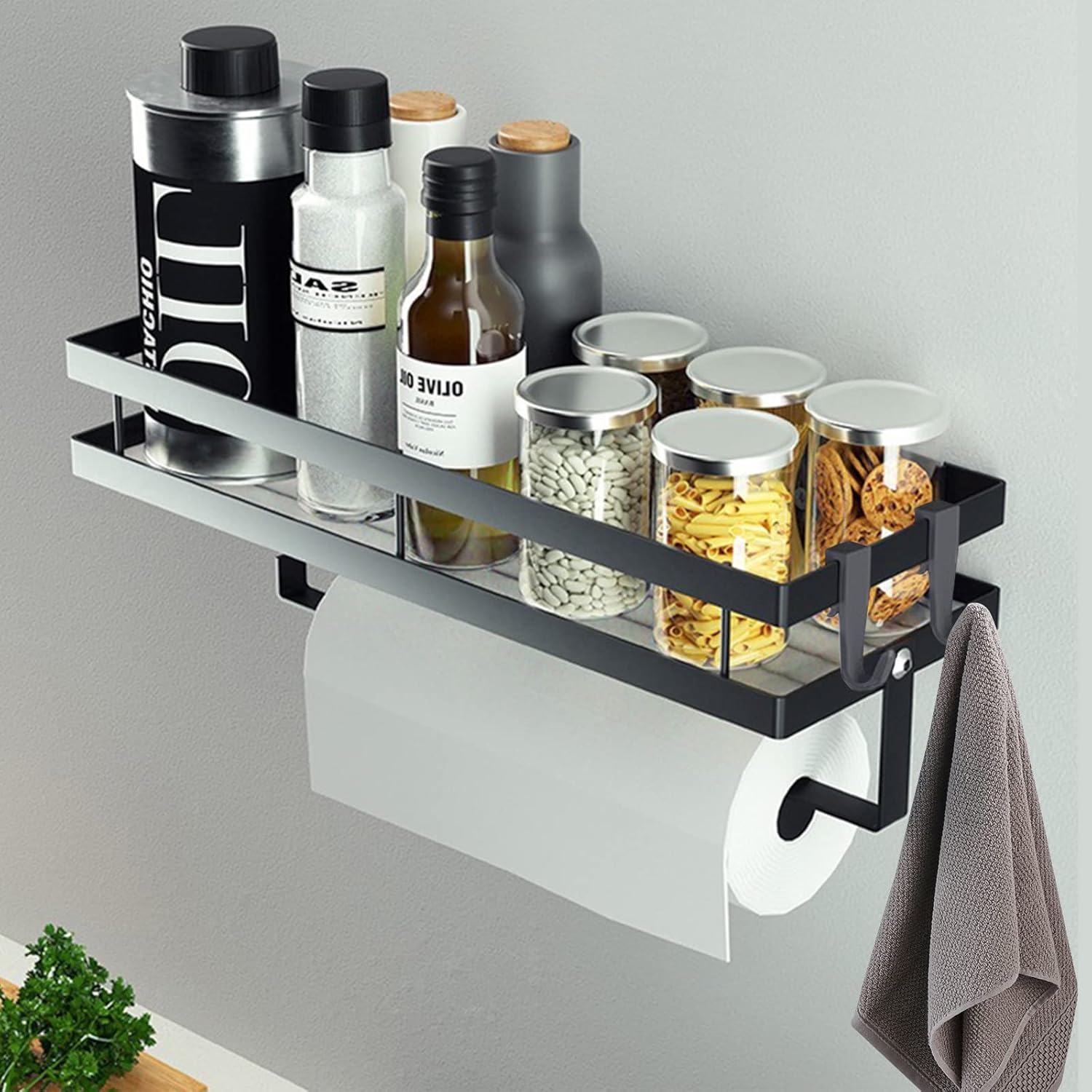 Kruidenrek, keukenrek aan de muur zonder boren, hangend kruidenrek met keukenrolhouder en 4 haken, keukenorganizer-lade, keukengerei-houder, 35 cm, zwart