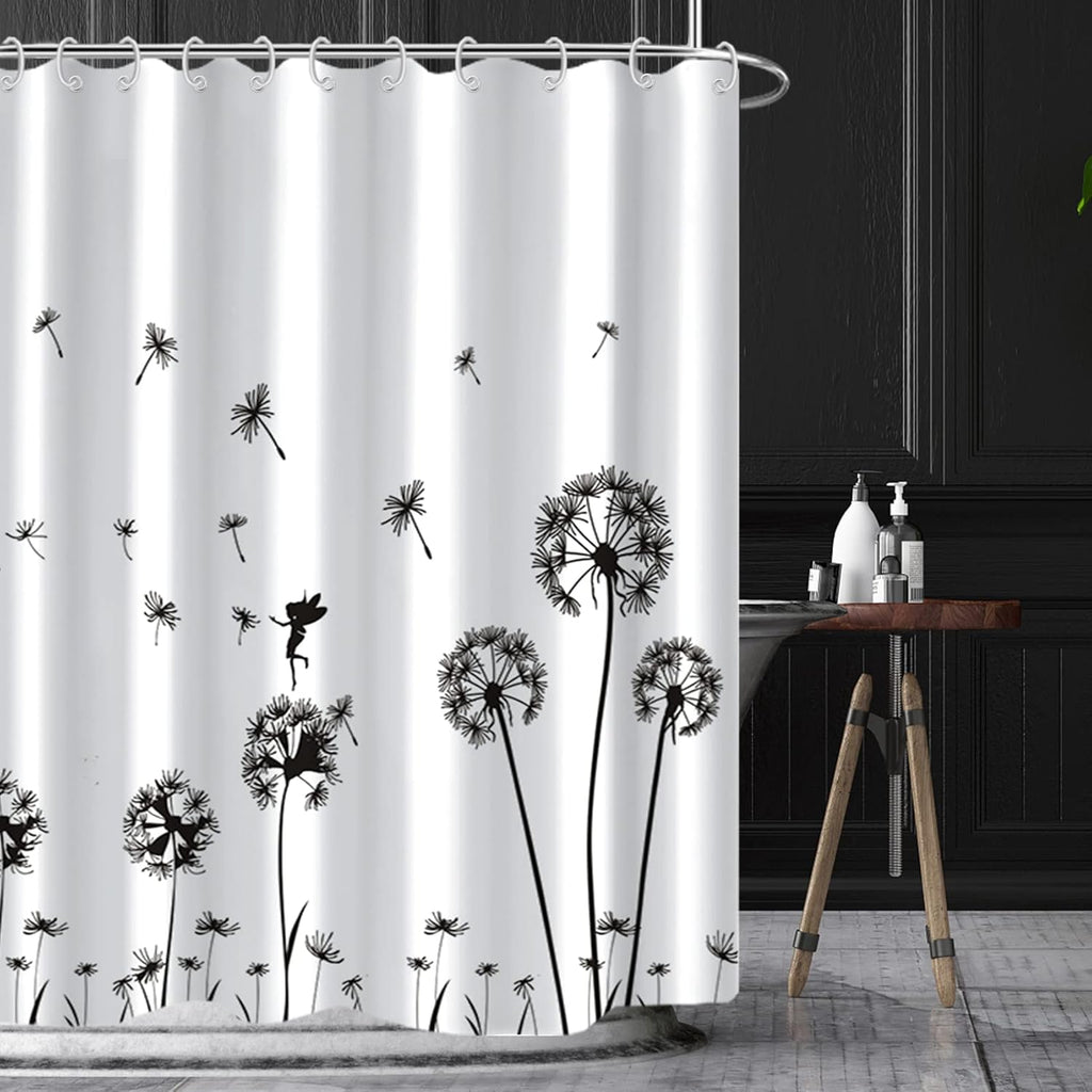 Paardenbloem douchegordijn, 152 x 183 cm, zwart-witte vliegende paardenbloembloemen, douchegordijn met bloemenpatroon, waterdicht, wasbaar badgordijn van polyester