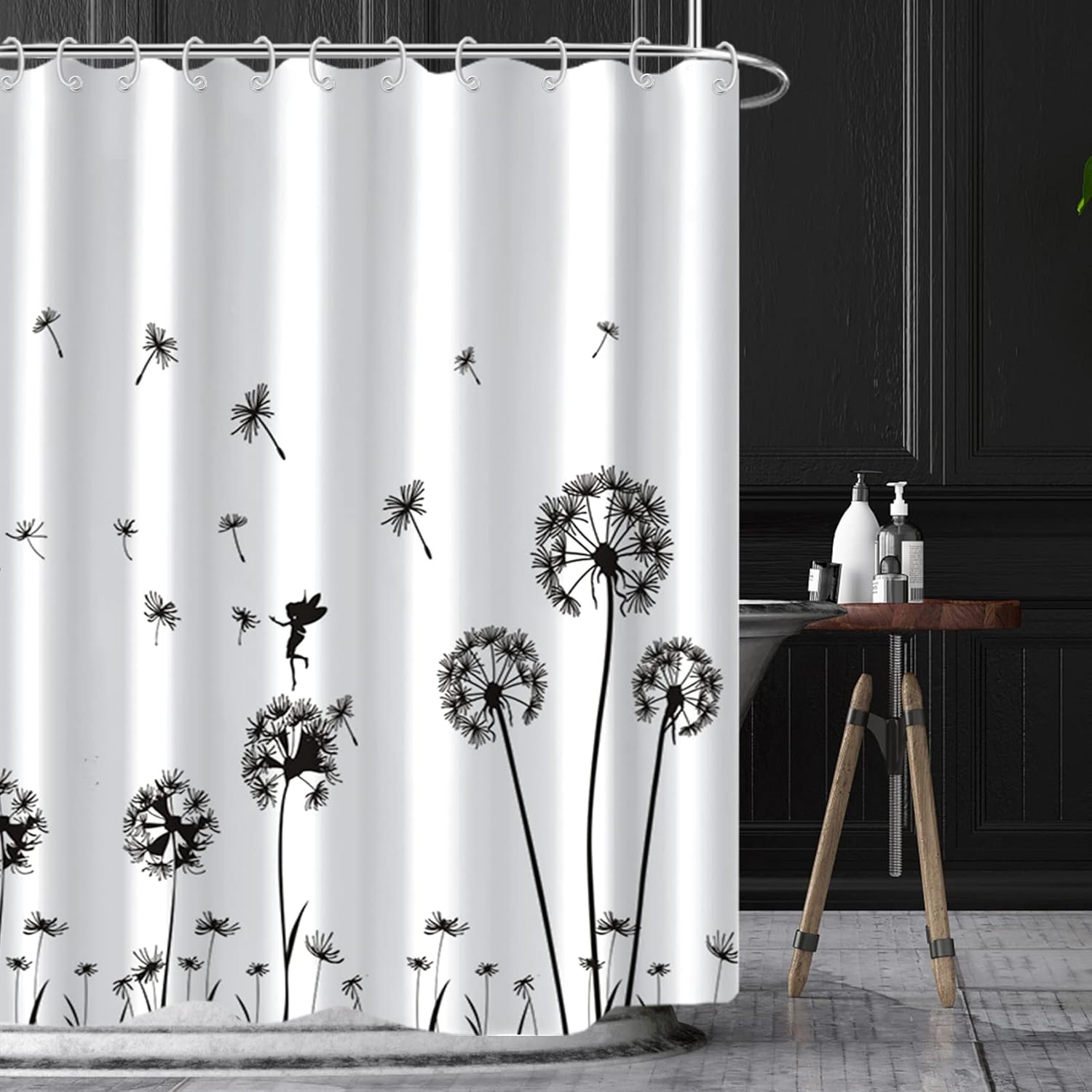 Paardenbloem douchegordijn, 152 x 183 cm, zwart-witte vliegende paardenbloembloemen, douchegordijn met bloemenpatroon, waterdicht, wasbaar badgordijn van polyester