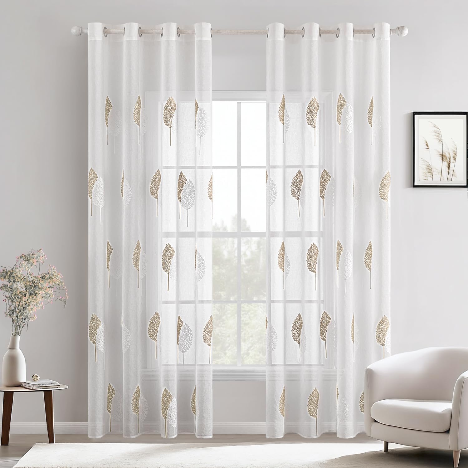 Woonkamer gordijnen, transparant, mooi bladpatroon, modern, geborduurd, oogjes, voor slaapkamerdecoratie, set van 2, raamgordijnen, 225 x 14