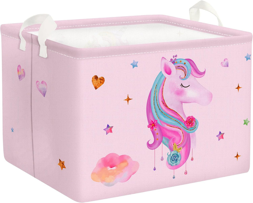 Roze eenhoorn-wasmand voor kinderen met handvat, opvouwbare opbergmand voor kleding en speelgoed, opbergbox voor meisjes, voor babykamer en badkamer, hart, 40 x 30 x 30 cm