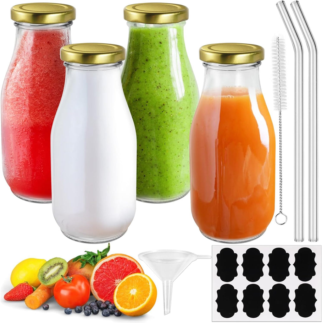 Set van 4 glazen flessen van 330 ml: smoothiefles, melkfles met deksel en rietje, herbruikbare sapflessen om te vullen met sap, smoothies, melk, voor school,