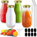 Set van 4 glazen flessen van 330 ml: smoothiefles, melkfles met deksel en rietje, herbruikbare sapflessen om te vullen met sap, smoothies, melk, voor school,