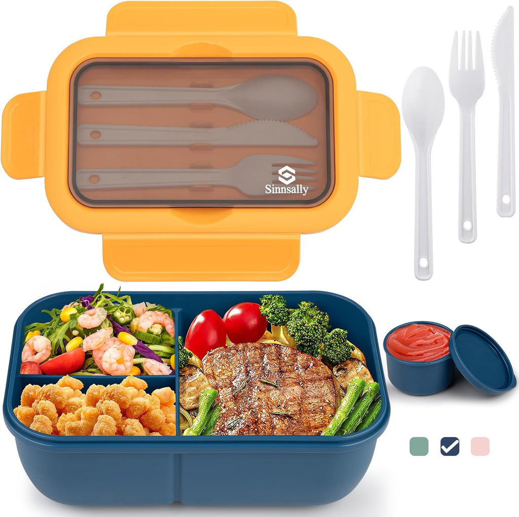Lunchbox met vakken, lunchbox van 1250 ml, bentobox, lunchbox voor volwassenen met bestek, lunchbox, broodtrommel, lekvrije voedselbox, lunchbox, ontbijtbox
