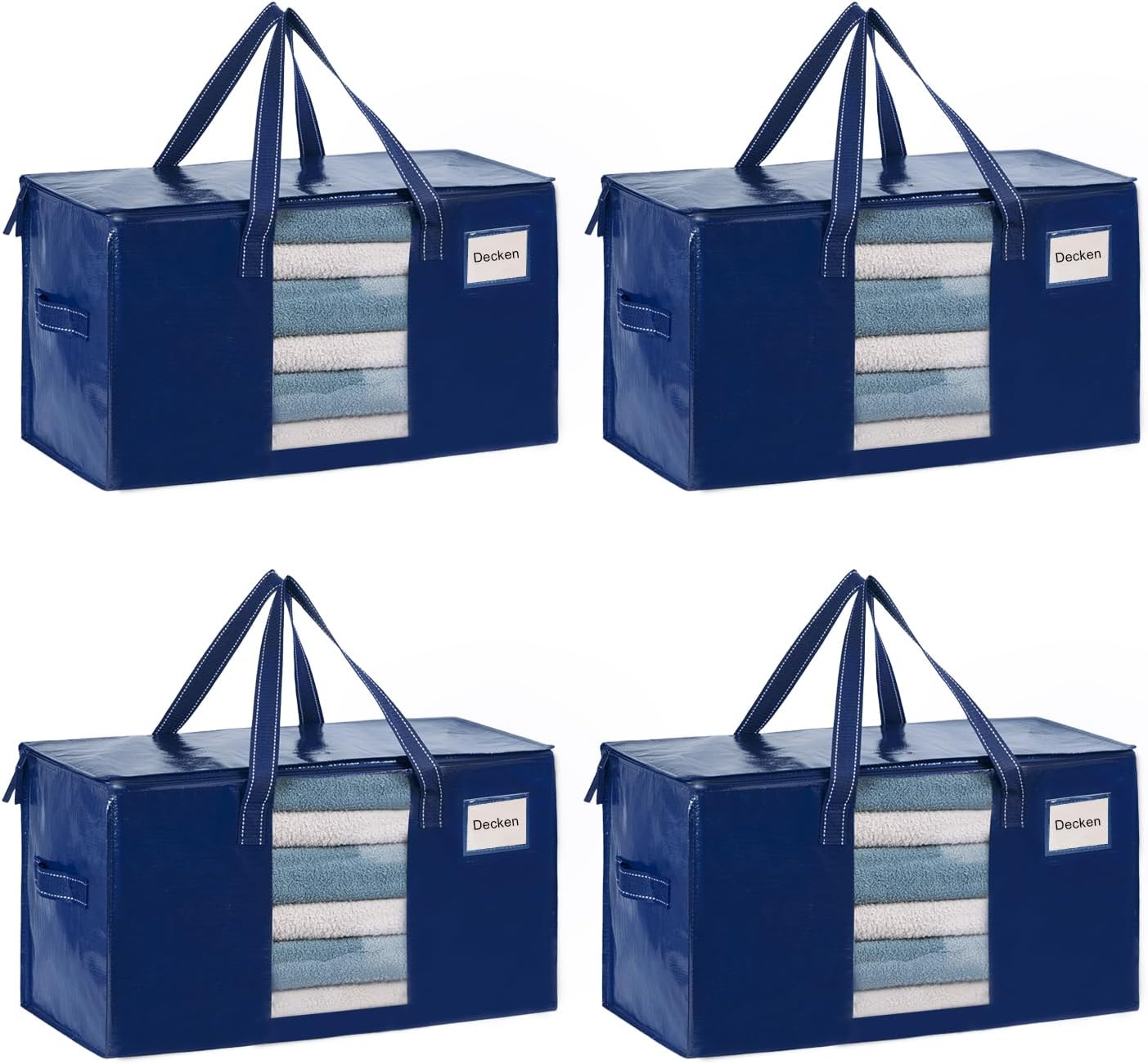 Set van 4 XXL-verhuistassen (87 liter) met venster, opvouwbare opbergtas, stevige handvatten en ritssluiting, alternatief voor verhuisdozen voor kleding, blauw