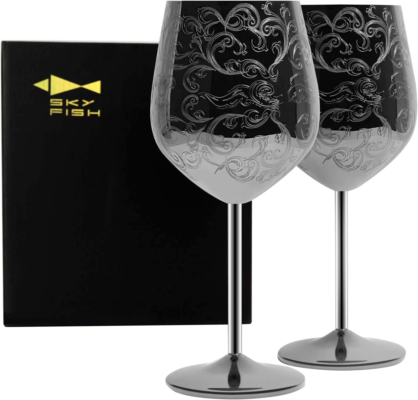 Roestvrijstalen wijnglazen, set van 2 zwarte wijnglazen, met gedetailleerde en barokke gravures, wijnglas in koninklijke stijl, 17 ounce, met de hand afwassen