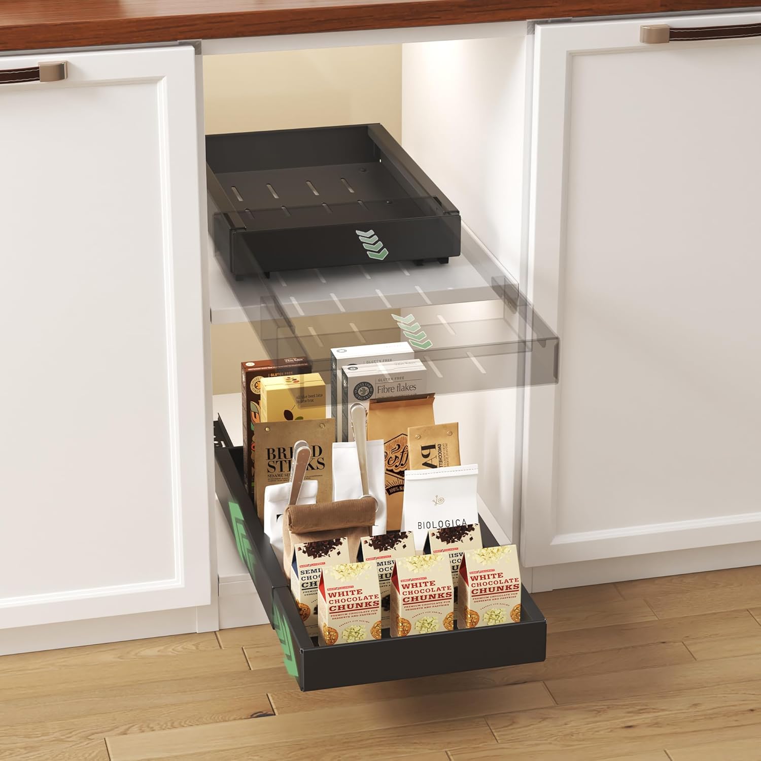 Telescopische lade, uittrekbare lade-organizer, breedte 30,5 cm, instelbare diepte 42–55 cm voor keukenkasten met zelfklevende folie, geen boren nodig, zwart,