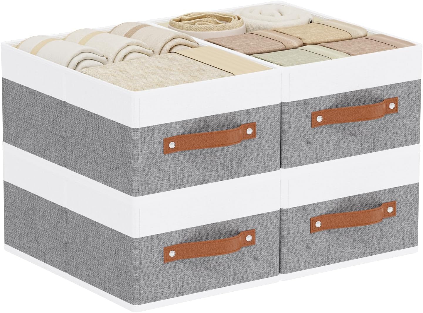 Set van 4 opvouwbare opbergboxen, stoffen boxen met handvatten, kastorganizer, opbergmand voor kleding, 33 x 23 x 14 cm, wit en grijs