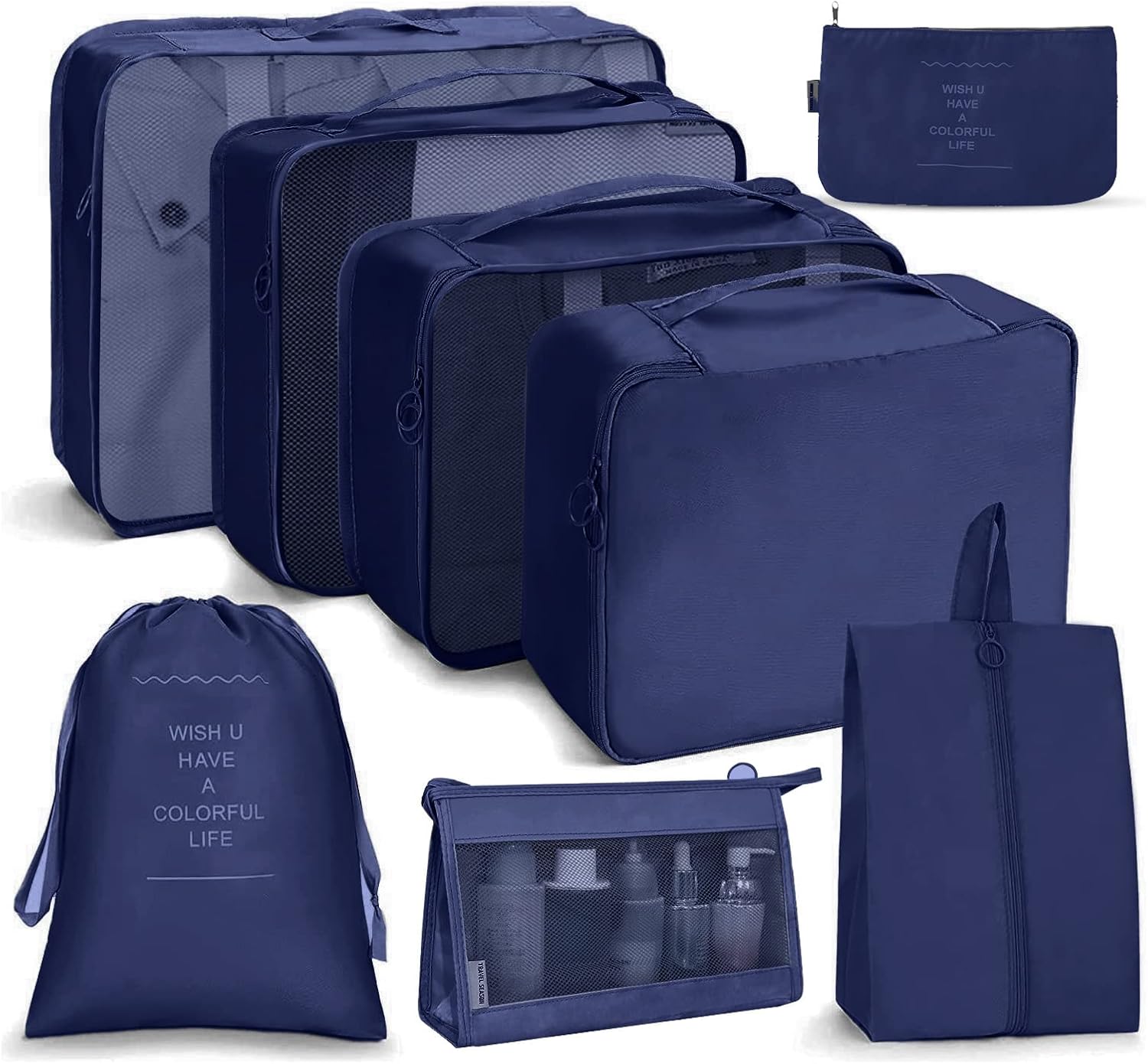 Koffer-organizer-set, 8-delig, opbergkubussen, waterdichte reiskledingzakken, opbergzakken voor koffers, opbergkubussen met toilettas, schoenenzak,