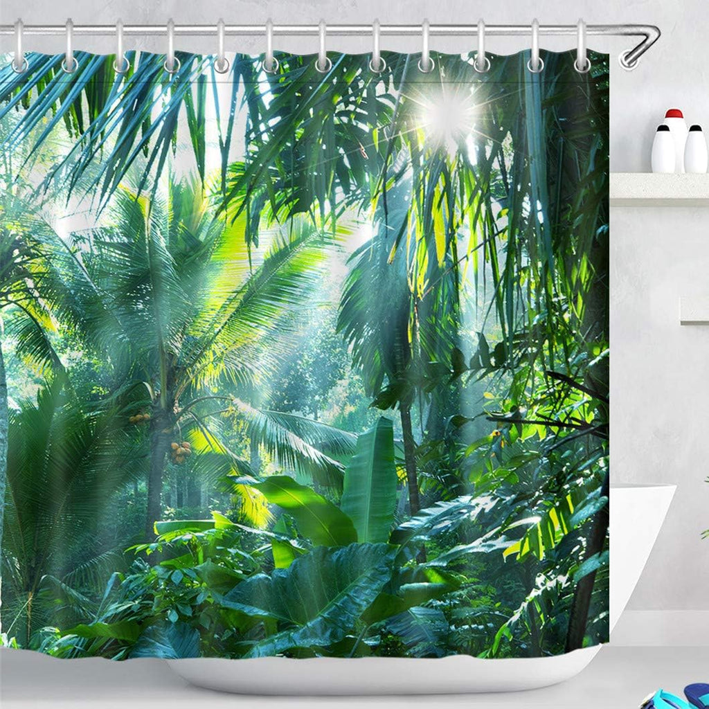 Green Forest douchegordijn, tropische bladeren, palmbomen, bananenbladeren – douchegordijn in jungle-design, extra brede uitvoering, waterdicht, schimmelbestendig, van polyester